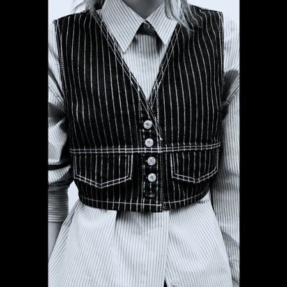 ZARA Cropped Sleeveless Vest NWT | Striped Button-Front Denim Look M - Picture 10 of 16
